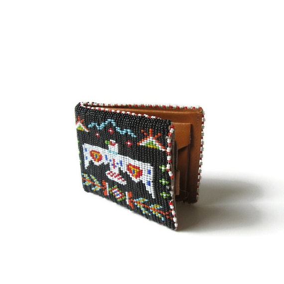 Beaded Wallet; Beaded Bi Fold Wallet, Beaded Leath