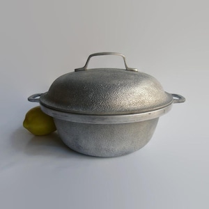 May include: A round, silver-colored aluminum Dutch oven with a textured, hammered exterior finish. The pot features two side handles and a matching domed lid with a central arched handle. A single yellow lemon is positioned beside the pot.