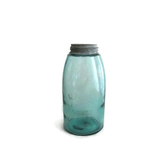 Antique Aqua Mason's Patent Jar, Vintage Canning Jar, Milk Glass Lid