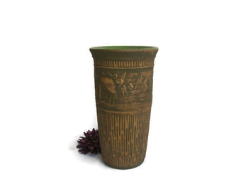 1920s RED WING Union Stoneware Brushed Ware Green Handled Vase