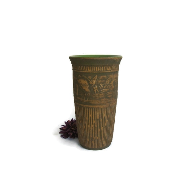 Red Wing Union Stoneware Brushed Ware Heron/Crane Vase #144, 1931; Red Wing Vase, Union Stoneware Vase, Heron Vase, Crane Vase