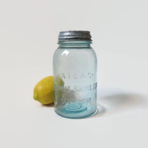 Atlas Strong Shoulder Mason Jar, 1920&#39;s-1940&#39;s; Antique Canning Jar, Blue Canning Jar, Atlas Strong Shoulder Jar, Canning Jar, Storage Jar