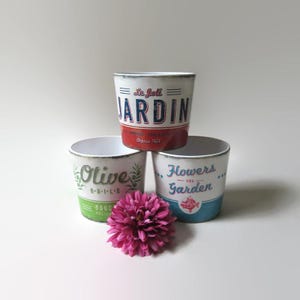 May include: Three vintage-style ceramic flower pots with distressed white, red, blue, and green accents. One pot reads "JARDIN" in red and blue, another "Olive", and the third "Flowers and Garden". A pink flower sits in front.