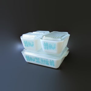Pyrex Butterprint Refrigerator Set, 1957; Pyrex Friggies, Pyrex Amish Butterprint Refrigerator Set, Vintage Refrigerator Dishes