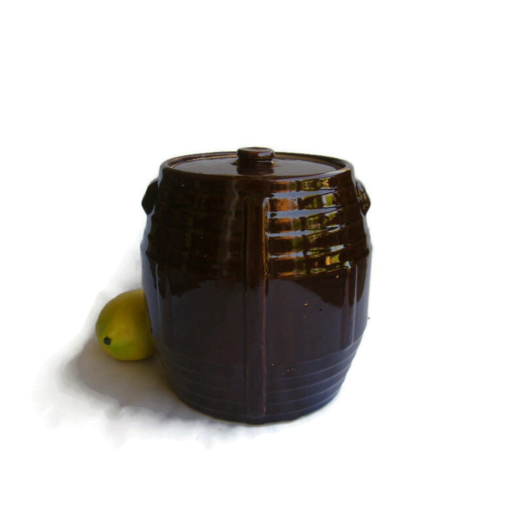 Vintage 1920s Zanesville Stoneware Barrel Cookie Jar, Brown Glaze