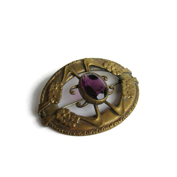 Antique Art Nouveau Amethyst Glass And Brass Pin B