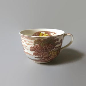 May include: A vintage teacup with a brown and white landscape design. The cup features a handle and a detailed illustration of trees, a house, and a body of water. The interior of the cup has a floral pattern with yellow and white accents.
