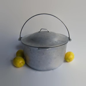 May include: A round, silver-colored aluminum pot with a matching lid and a thin, arched metal handle attached to the sides. The pot has a smooth, matte finish and is positioned next to three whole yellow lemons on a plain, light-colored surface.