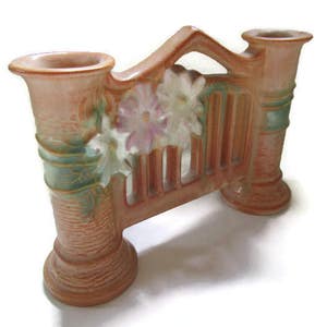 Roseville Pottery Company &quot;Cosmos&quot; Double Bud Vase 1939; Art Pottery Vase, Pottery Vase, Roseville Pottery Vase, Roseville Cosmos