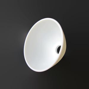 May include: A white, oval-shaped object with a small hole on the side. The object has a smooth, glossy interior and a textured, beige exterior. The background is a solid black.