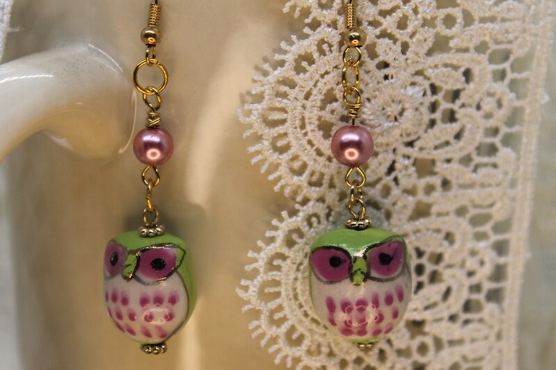 Porcelain Owl Earrings: Pink Pearl, Gold Plated Wire