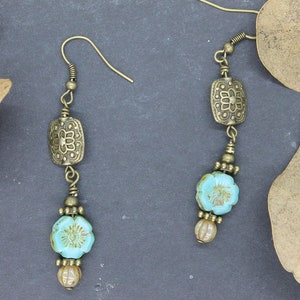 Turquoise Floral Czech Glass Dangle Earrings: Bohemian Etched Brass