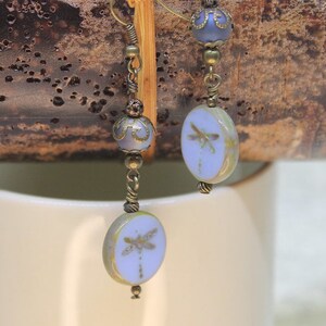 Baby Blue Flat Round Dragon fly Czech Glass Picasso Bead, Blue Glass Bead, Filigree spacer Earrings; Filigree bead cap,
