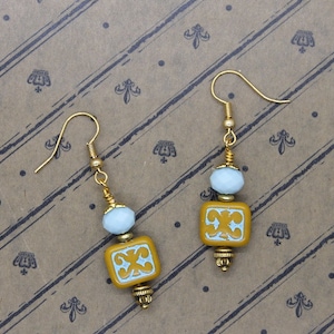 Czech Glass Bead Dangle Earrings: Turquoise, Mustard, Gold