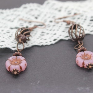 Czech Picasso Bead Flower Purple Brown, Copper Dangling Earrings, Copper Caged Connector Bead, Bohemian