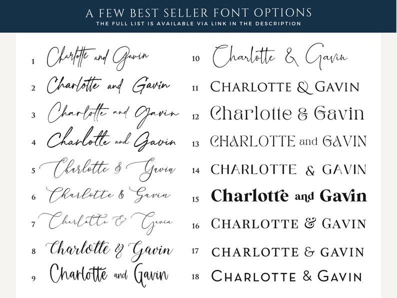 May include: A list of 18 different font options for the names Charlotte and Gavin. The fonts range from cursive to all caps and include a variety of styles.