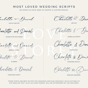 Puede incluir: Gr&aacute;fico beige con varias fuentes de escritura elegantes para invitaciones de boda. El texto incluye "Charlotte & Daniel" en diferentes estilos, con nombres de fuentes debajo. El texto superior dice "Most Loved Wedding Scripts".