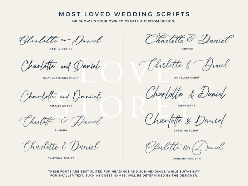 Puede incluir: Gr&aacute;fico beige con varias fuentes de escritura elegantes para invitaciones de boda. El texto incluye "Charlotte & Daniel" en diferentes estilos, con nombres de fuentes debajo. El texto superior dice "Most Loved Wedding Scripts".