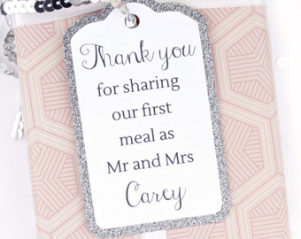 Thank You for Sharing our First Meal • Luxury Silver Glitter Wedding Gift Favour Tags • Napkin Rings • 20 Glitter Card Colors