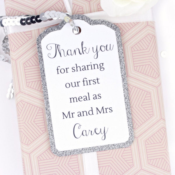 Thank You for Sharing our First Meal • Luxury Silver Glitter Wedding Gift Favour Tags • Napkin Rings • 20 Glitter Card Colors