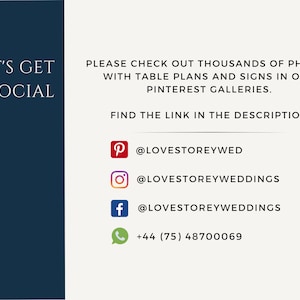 May include: Let's Get Social text on a dark blue background.  Social media icons for Pinterest, Instagram, Facebook, and a phone number are on a white background.