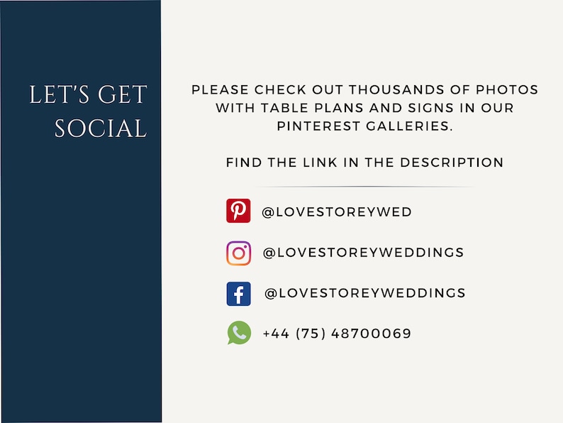 May include: Let's Get Social text on a dark blue background.  Social media icons for Pinterest, Instagram, Facebook, and a phone number are on a white background.