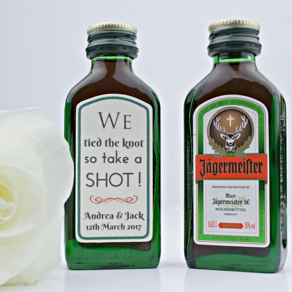 Peel and Stick Wedding Jagermeister Labels • Mini Bottle Shot Wedding Gift Favors • Etiquetas personalizadas para botellas pequeñas • Pegatinas para botellas 2cl 4cl