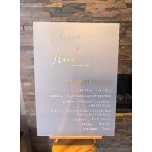 Frosted Acrylic Order of day sign • Wedding Acrylic Sign • Clear, Frosted, Gold, Coloured, Mirrored Acrylic • Any shape • Any size A2, A1