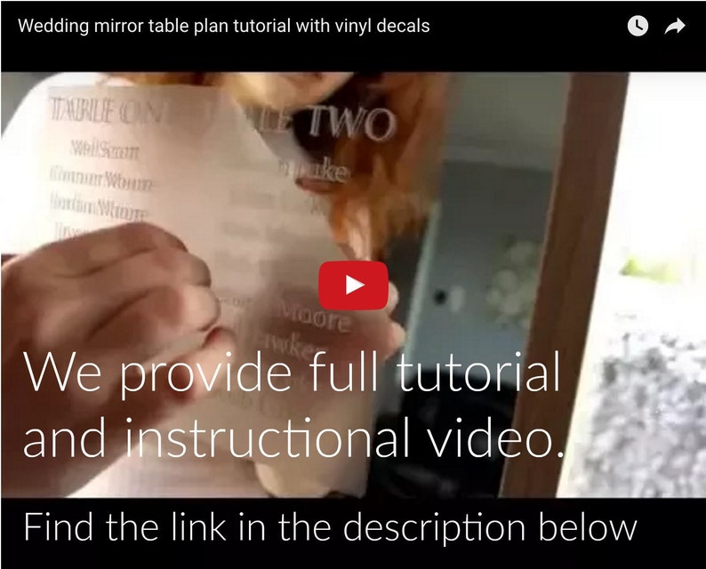 May include: A close-up of a person holding a white sheet of paper with the text "Table One" and a list of names. The text "Table Two" is visible in the background. The image is a tutorial for creating a wedding mirror table plan using vinyl decals.