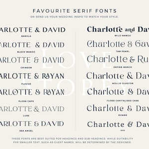 Puede incluir: Imagen beige con diversas fuentes serif, incluyendo variaciones de "Charlotte & David" y "Charlotte & Ruan". El texto "FAVOURITE SERIF FONTS" est&aacute; en la parte superior. Adecuado para invitaciones de boda y dise&ntilde;o.