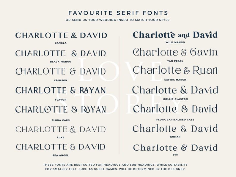 Puede incluir: Imagen beige con diversas fuentes serif, incluyendo variaciones de "Charlotte & David" y "Charlotte & Ruan". El texto "FAVOURITE SERIF FONTS" est&aacute; en la parte superior. Adecuado para invitaciones de boda y dise&ntilde;o.