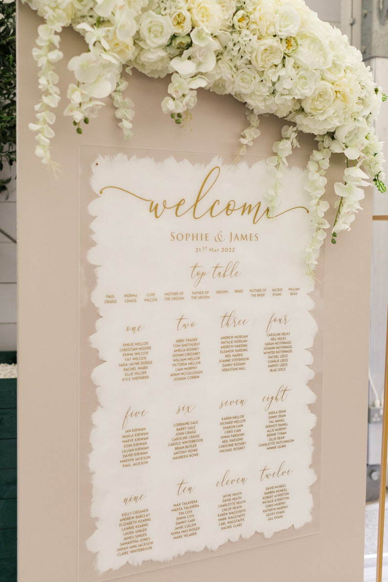 May include: A white wedding seating chart with gold lettering on a light pink background. The chart lists the names of guests for each table, with the top table listing the names of the bride and groom, Sophie and James, and the date of the wedding, May 21st, 2022.