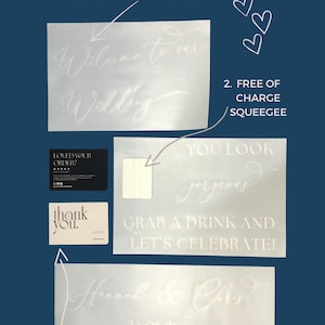 Puede incluir: Imagen que muestra el contenido de un paquete de boda, que incluye l&aacute;minas de vinilo cortadas de primera calidad con texto, una esp&aacute;tula gratuita y un tutorial paso a paso. Las l&aacute;minas tienen frases como "Welcome to our Wedding" y "You look gorgeous."
