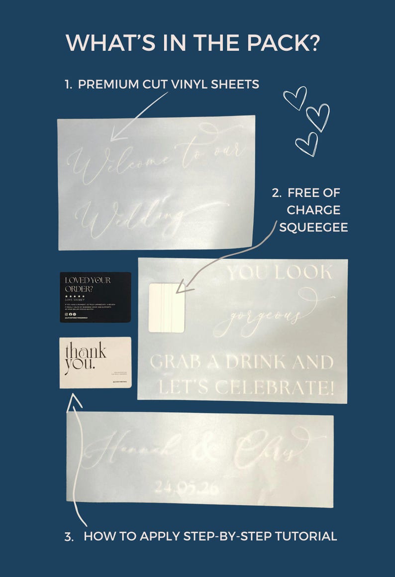 Puede incluir: Imagen que muestra el contenido de un paquete de boda, que incluye l&aacute;minas de vinilo cortadas de primera calidad con texto, una esp&aacute;tula gratuita y un tutorial paso a paso. Las l&aacute;minas tienen frases como "Welcome to our Wedding" y "You look gorgeous."