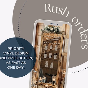 May include: A smartphone displays a gold-framed mirror with a seating chart for "Jack & Amelia." The image includes the text "Rush orders" and "Priority vinyl design and production, as fast as one day."