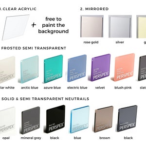 May include: A variety of acrylic sheets in different colors and finishes, including clear, mirrored, frosted, and solid. The sheets are labeled with their names and colors, such as "polar white", "arctic blue", "azure blue", "electric blue", "velvet", "blush pink", "slate gray", "opal", "mineral gray", "black", "blue", "brown", and "black".