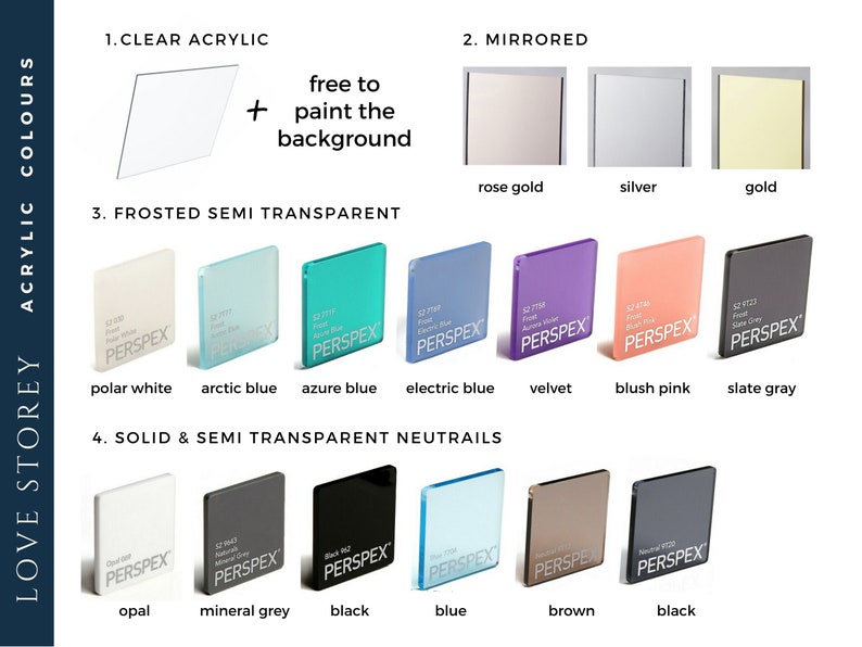 May include: A variety of acrylic sheets in different colors and finishes, including clear, mirrored, frosted, and solid. The sheets are labeled with their names and colors, such as "polar white", "arctic blue", "azure blue", "electric blue", "velvet", "blush pink", "slate gray", "opal", "mineral gray", "black", "blue", "brown", and "black".