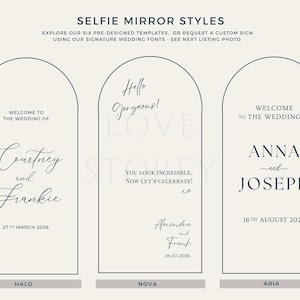 Puede incluir: Imagen de tres plantillas de letreros de boda con la parte superior arqueada. Cada letrero muestra nombres, fechas y frases como "Hello Gorgeous!" y "Bienvenida a la boda de Anna y Joseph, 16 de agosto de 2026". El texto superior dice "Selfie Mirror Styles".