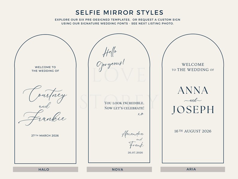 Puede incluir: Imagen de tres plantillas de letreros de boda con la parte superior arqueada. Cada letrero muestra nombres, fechas y frases como "Hello Gorgeous!" y "Bienvenida a la boda de Anna y Joseph, 16 de agosto de 2026". El texto superior dice "Selfie Mirror Styles".