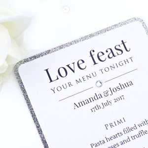 Luxus Silber Glitter Hochzeit Menü / Food Card Menüs • 20 Farben erhältlich • passende moderne Einladungen und Rezeption stationäre Suiten