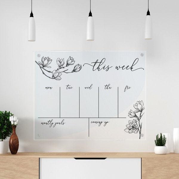 Acrylic Calendar Dry Erase Weekly Planner Personalised Zoom Backdrop Modern Magnolia Design made in UK Home Decor Clear Acrylic Board Floral