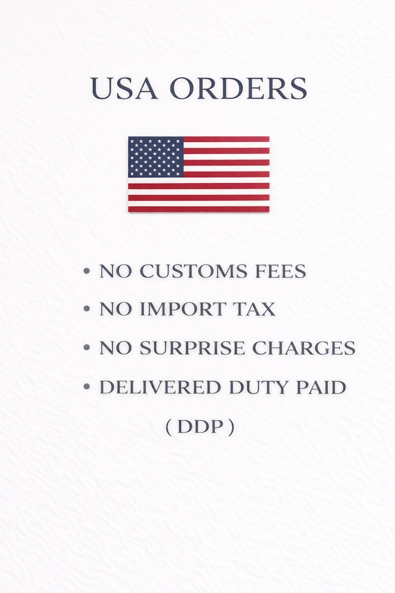 The image is a poster with the text "USA Orders" and an American flag, indicating that the poster is promoting a service that does not charge customs fees, no import tax, no surprise charges, and delivers a duty-paid service.