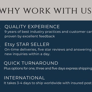 May include: A blue and white graphic with the text "WHY WORK WITH US?" and a list of reasons to work with the seller, including quality experience, Etsy Star Seller, quick turnaround, and international shipping.