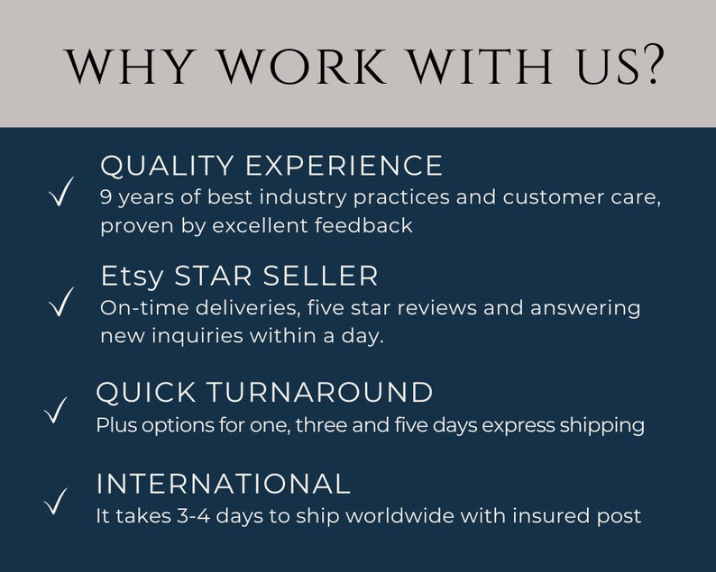 May include: A blue and white graphic with the text "WHY WORK WITH US?" and a list of reasons to work with the seller, including quality experience, Etsy Star Seller, quick turnaround, and international shipping.