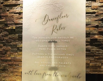 Frosted Acrylic Danc floor Rules sign • Wedding Acrylic Sign • Clear, Frosted, Gold, Coloured, Mirrored Acrylic • Any shape • A2, A1