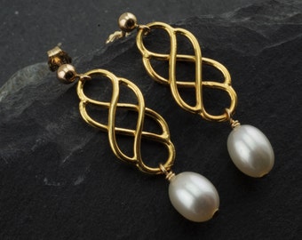 Boucles d'oreilles en perles avec noeud d'amour celtique, cadeau de mariage, bijoux Outlander, or vermeil. Boucles d'oreilles en or lustre écossais, pierre de naissance de juin