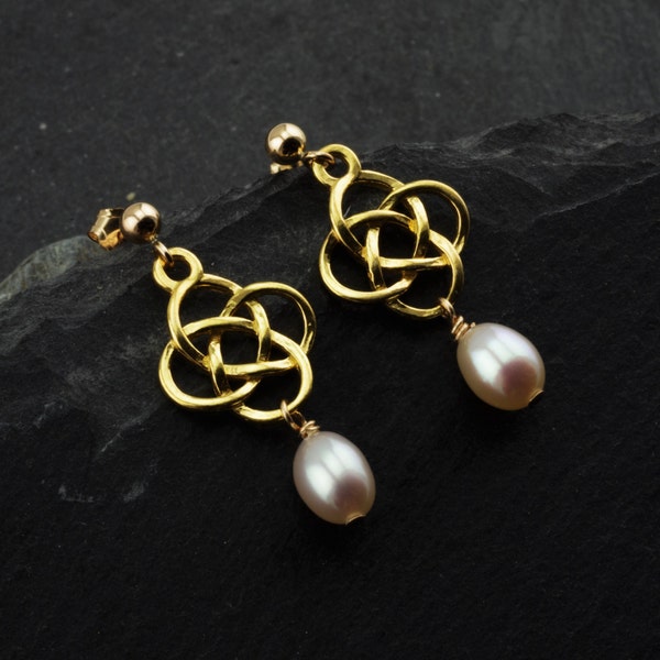 Outlander Celtic Earrings Gold Vermeil Wedding Jewelry. Pearl Earrings Infinity Knot Gold Jewelry. Irish Clover Earrings Scottish Jewelry