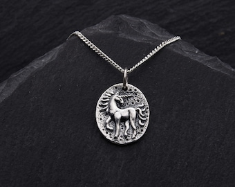 Scottish Unicorn Necklace Sterling Silver Coin Pendant Fantasy Jewelry. Horse Necklace Mythical Animal Jewelry Birthday Gift. Elven Necklace