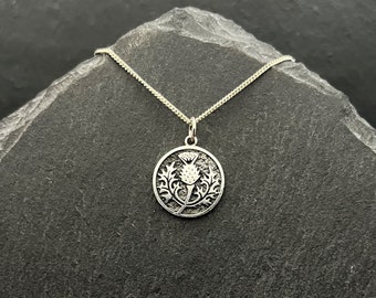 Scottish Thistle Necklace Sterling Silver Jewelry. Celtic Necklace Outlander Jewelry. Flower Necklace Scottish Jewelry Gift. Coin Necklace