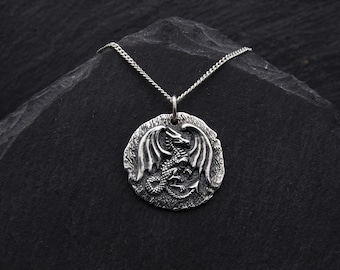 Silver Dragon Coin Pendant Sterling Silver Jewelry Scottish Gifts. Welsh Dragon Necklace Medieval Jewelry. Fantasy Necklace Goth Jewelry